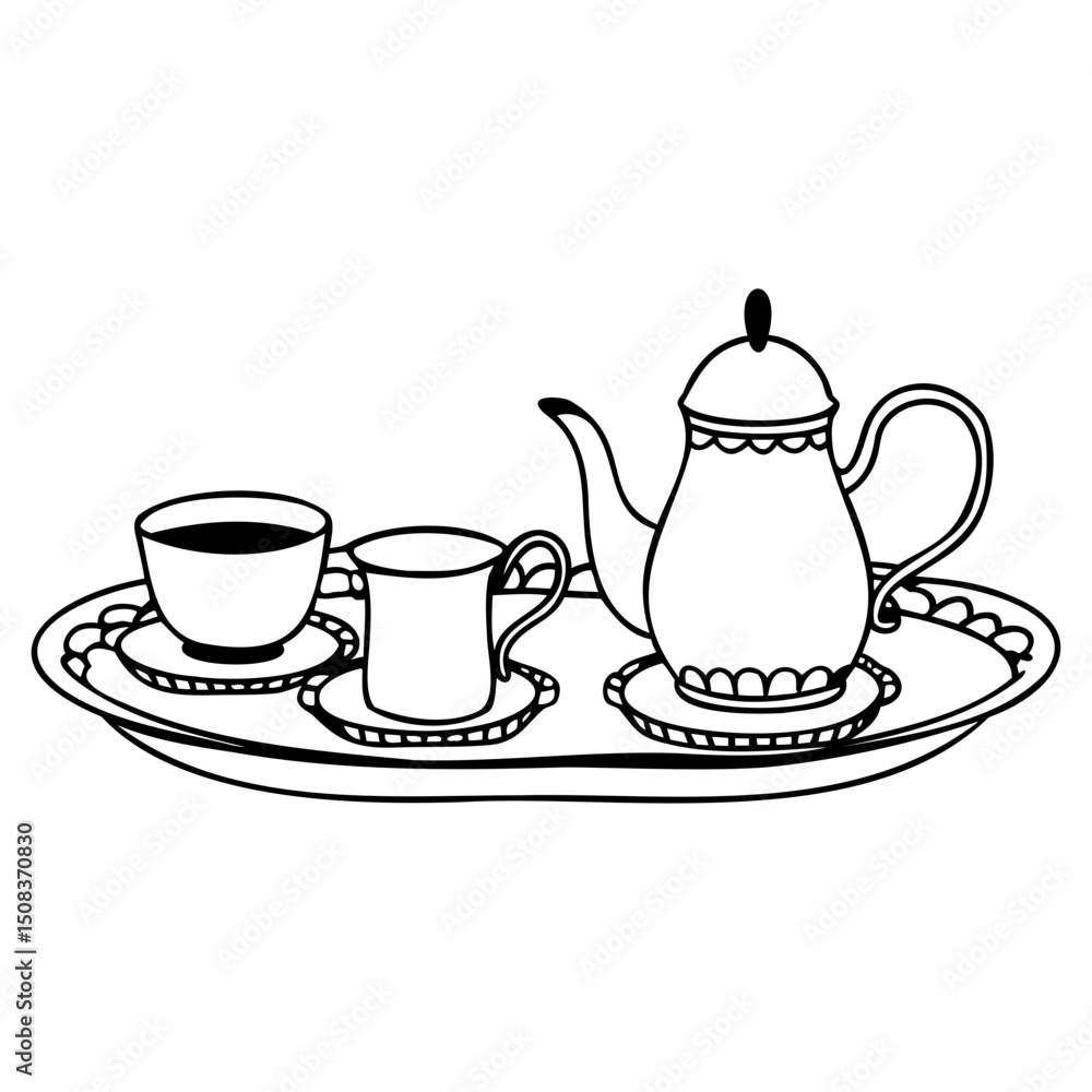 Poster a drawing of a tea set with a teapot and two cups on a decorative serving tray on transparent backgr