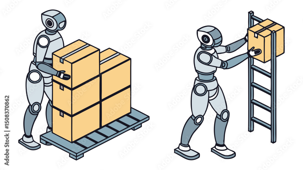 Aufkleber two robots handling boxes one stacking on a pallet and the other climbing a ladder with a box in han