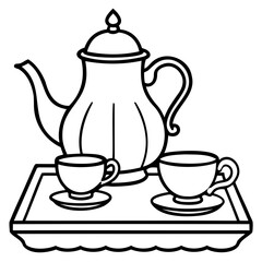 A drawing of a tea set with a teapot and two cups on a tray in black and white style on transparent background