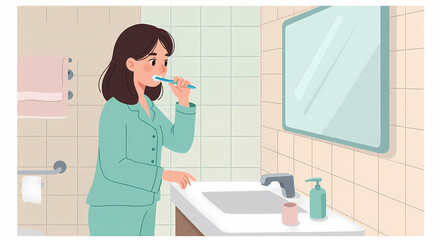 Woman brushing teeth in bathroom