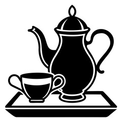 Still life illustration of a teapot and cup on a tray in black and white style on transparent background