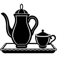 Silhouette of a tea set with a teapot, cup, and sugar bowl on a decorative tray on transparent background