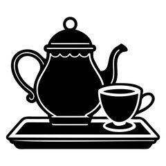 A black and white drawing of a teapot and teacup on a tray for a tea time break on transparent background