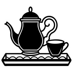 Illustration of a teapot and cup on a tray in black and white vintage design style on transparent background