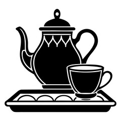 Black silhouette of a teapot and teacup on a tray with pastries vector drawing on transparent background