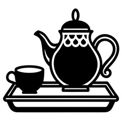 Stylized black and white image of a tea set with teapot cup and serving tray on transparent background