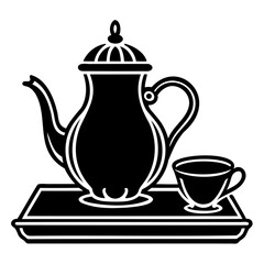 Illustration of a teapot and a cup on a tray with a simple black and white style on transparent background