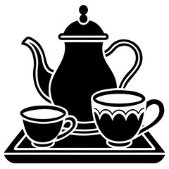 A black and white illustration of a teapot and two cups on a rectangular tray on transparent background