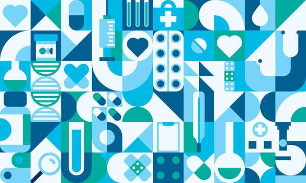 Healthcare medicine geometric pattern. Vector modular tile background with pills, syringe, bandage, thermometer, test tube, bottle, heart and cross icons arranged in abstract shapes in blue and green - Powered by Adobe