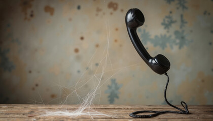 Black rotary phone with cobwebs on wooden table in vintage setting  