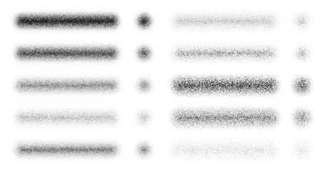 Stipple grain noise brushes with paint spray or sand dust texture, vector set. Noise grain brush templates for drawing with stipple dots or dotwork gradient with particle spray scatter brush effect © Buch&Bee