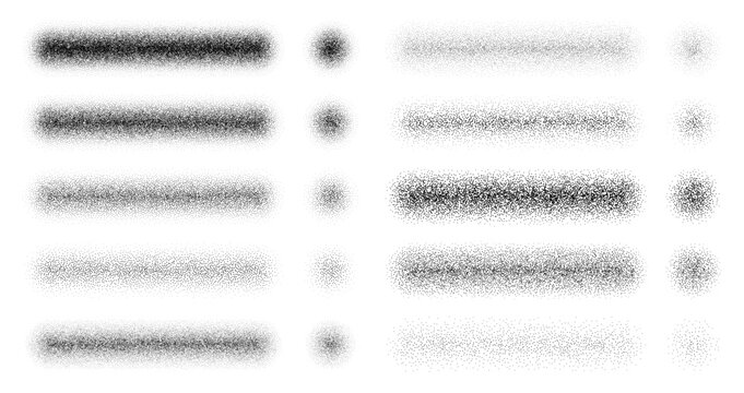 Stipple grain noise brushes with paint spray or sand dust texture, vector set. Noise grain brush templates for drawing with stipple dots or dotwork gradient with particle spray scatter brush effect