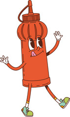 Cartoon groovy ketchup squeeze sauce bottle character walking with smiling tongue out and waving hands. Vector retro food container with fun and nostalgic funky y2k vibe culinary and kitchen personage