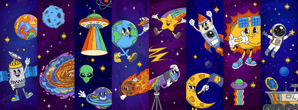 Cartoon groovy space characters collage. Vector happy planets, astronaut, ufo, rocket, sun, moon, alien and stars with retro vibes. Fun cosmic y2k funky, vintage personages exploring the universe