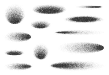 Shadows oval and circles with grain noise or stipple dots texture, vector shade effects. Realistic circle shadows with noise grain gradient, sand dotwork or paint spray for oval objects shadow effect