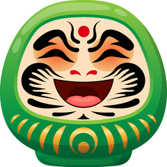 Cartoon Japanese green daruma doll with cheerful expression, bold eyebrows, yellow decorative patterns, red dot on forehead and expressive face, symbolizing perseverance and good luck in Japan culture