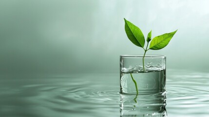 Glass with green leaves floating in calm water with soft ripples and natural reflections
