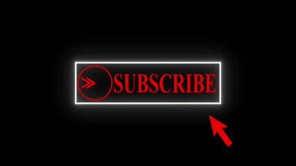 Glowing neon line mouse cursor animation pointing towards subscribe button in looping with transparent background. up and down on subscribe text arrow moving - Powered by Adobe