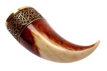 Ornate drinking horn with decorative metal trim against transparent