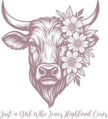 A tribal vector illustration of a wild highland cow head with a sunflowers, perfect for tattoo design and gothic animal art