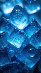 Crystal clear ice cubes illuminated by blue light create a mesmerizing visual effect for refreshing drinks