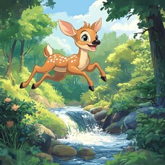 A playful fawn leaping over a babbling brook.
