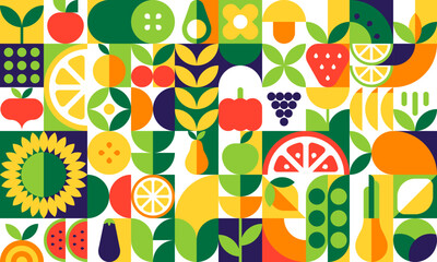 Organic food geometric pattern with fruits, vegetables, herbs and farm plants. Modern vector tile, modular background, abstract layout with lemon, apple, grape, strawberry, carrot and sunflower grid © Buch&Bee