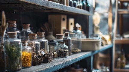 Shelf full of spice jars in apothecary style setting with rustic warm lighting