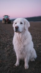 Serene dawn settles on fluffy white dog guarding fields, symbolizing Lunar New Year loyalty, agrarian tranquility