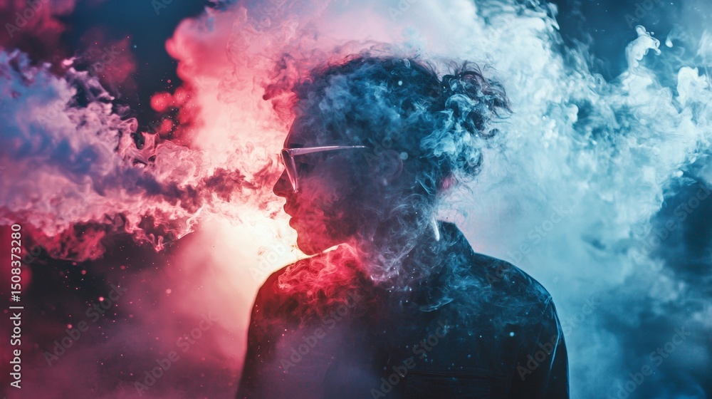 Poster silhouette portrait with red and blue colored smoke creating abstract visual emotion expression