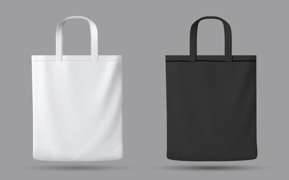 Tote bag mockup. Realistic 3d vector templates of two plain tote bags, one black and one white, for branding, print design presentation, eco friendly product promotions and reusable bag advertisements