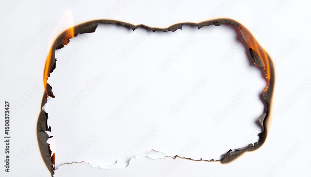 Poster close up shot of a burning white paper with a rectangular hole created by fire showing the charred e