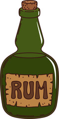Cartoon groovy pirate and corsair rum bottle, retro green glass flask with cork stopper, rugged emblem and narrow neck. Isolated vector alcohol drink bottle holds the essence of daring adventures