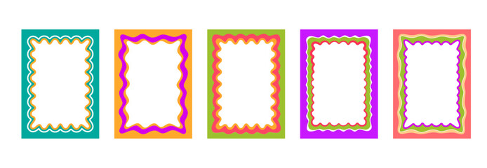 Color groovy scallop Y2K frames and borders with wavy shape pattern edges, vector backgrounds. Groovy scallop frames of rectangle shape with retro wave borders design for picture photo photoframe