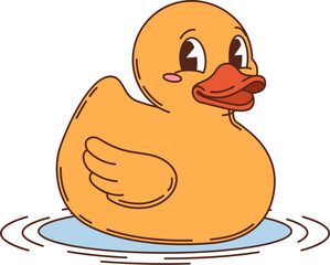 Retro cartoon groovy rubber duck kids toy character. Isolated vector cute and cheerful duckling floating on water with a happy expression. Toy for children bath time games and fun aquatic activities