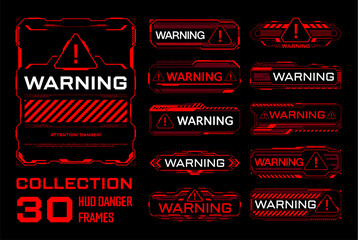 Red warning and danger HUD frames set, vector game UI. Futuristic cyber tech digital screen interface warning, alert and danger caution HUD frames with red hologram borders, attention triangle signs
