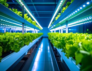 Indoor hydroponic farm with rows of lettuce under LED grow lights
