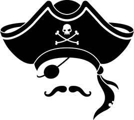 Photo booth mask with pirate tricorn hat and eye patch, skull crossbones, moustaches and feathers. Isolated vector black corsair sailor face silhouette, swashbuckling skipper, captain costume template