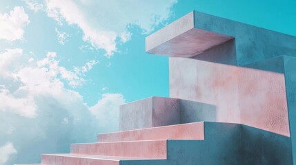 Abstract pink staircases with cloudy sky background in surreal dreamlike conceptual design