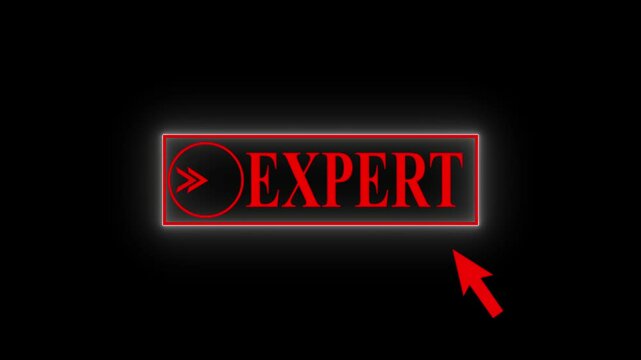 Glowing neon line mouse cursor animation pointing towards expert button in looping with transparent background. Up and down arrow moving on expert arrow text dollar