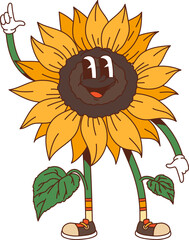 Cartoon groovy hippie sunflower flower character with funny face, vector plant. Groovy sunflower or psychedelic flower with silly crazy smile with hi or Hello gesture as freaky hipster emoji