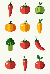Isolated icons of vegetables and fruits in vibrant flat design, representing fresh, healthy eating for menus, labels, and food-related graphics
