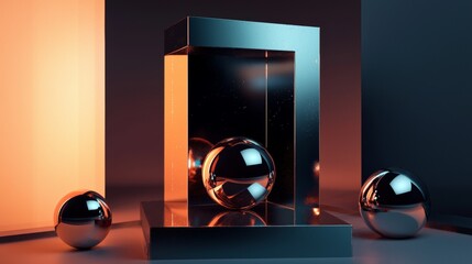 Futuristic black and orange mirror cubes with metallic orbs in modern abstract composition scene