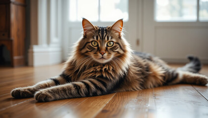 An adult Maine Coon lying on a wooden floor, stretched out to its full height, luxurious brown striped fur with a characteristic pattern, intelligent look. The concept of nature protection. surroundin