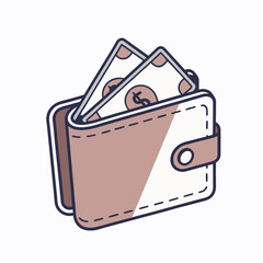 Vector icon illustration of a leather wallet with dollar bills, on white background