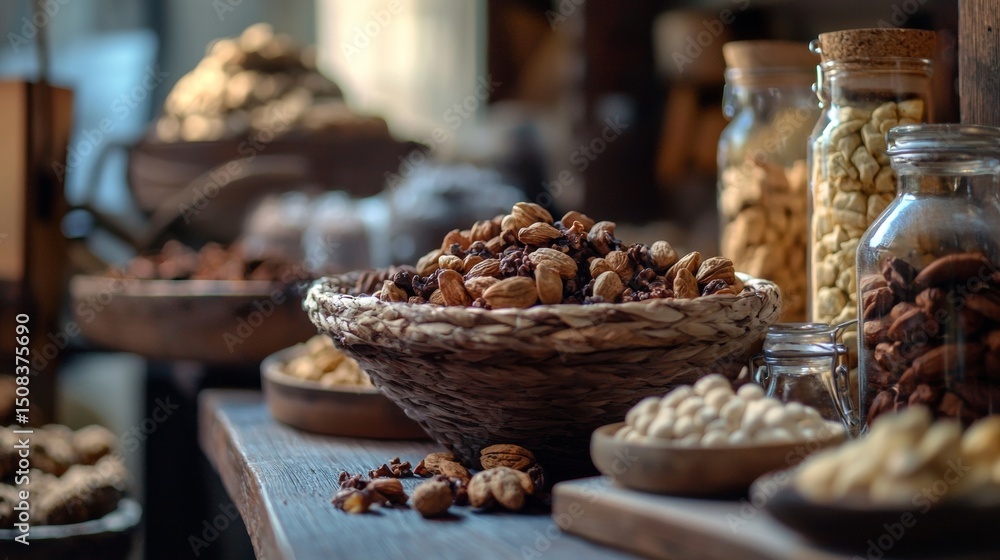 Poster assorted nuts in baskets on bakery counter with cozy daylight in rustic food setup scene