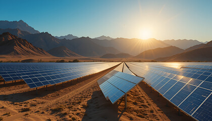 Vast Solar Farm in Mountainous Desert Landscape at Sunset: Renewable Energy and Sustainable Power Generation
