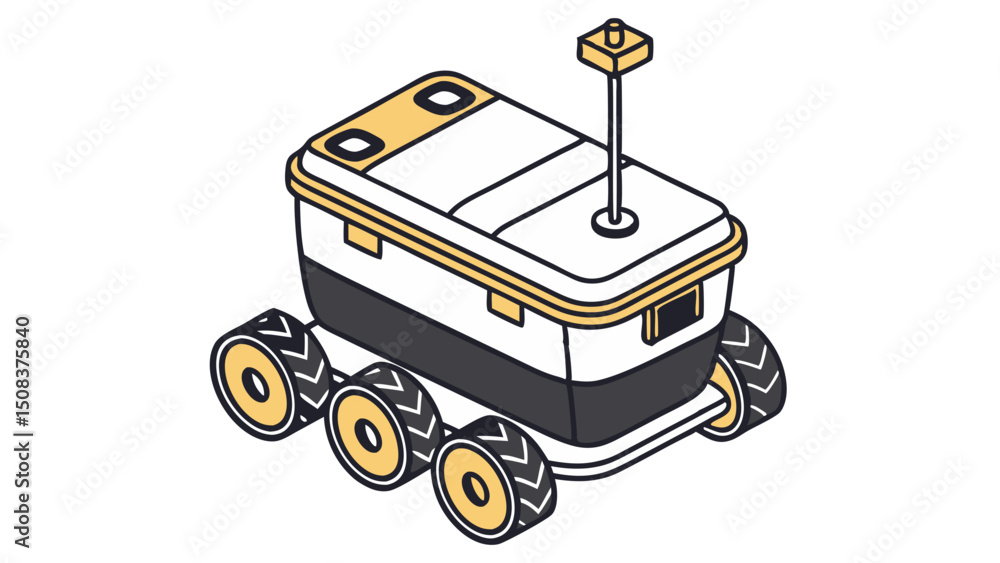 Poster a detailed vector of a compact autonomous delivery robot with wheels and cameras, illustrated in a s