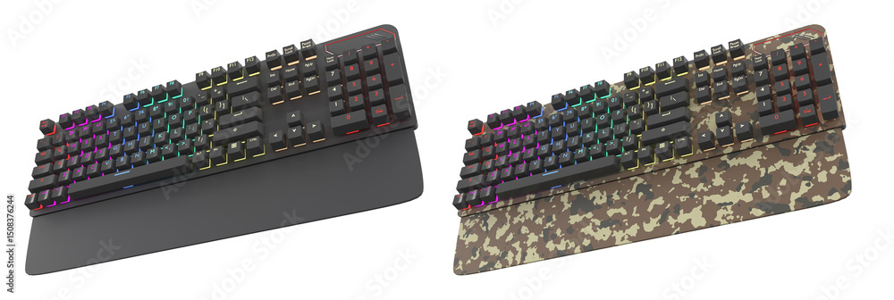 Poster collection of mechanical keyboards isolated on white background with clipping path. 3d rendering of 