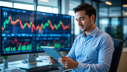 Focused Businessman Analyzing Stock Market Data on Tablet and Monitors